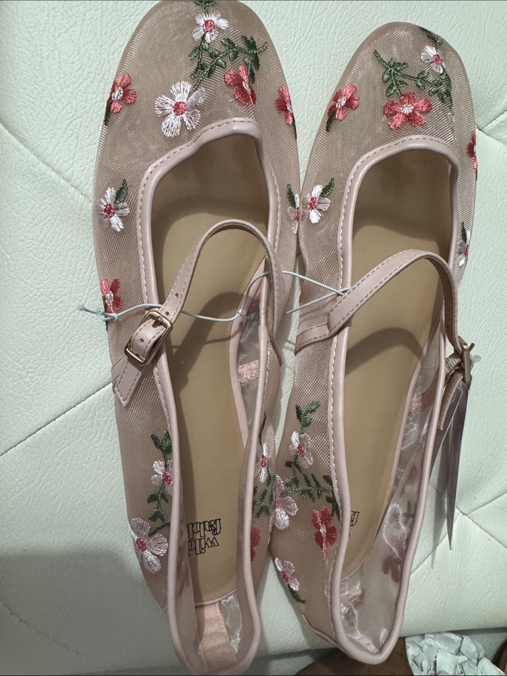 Blush Pink Embroidered Mary Jane Flats with Strap